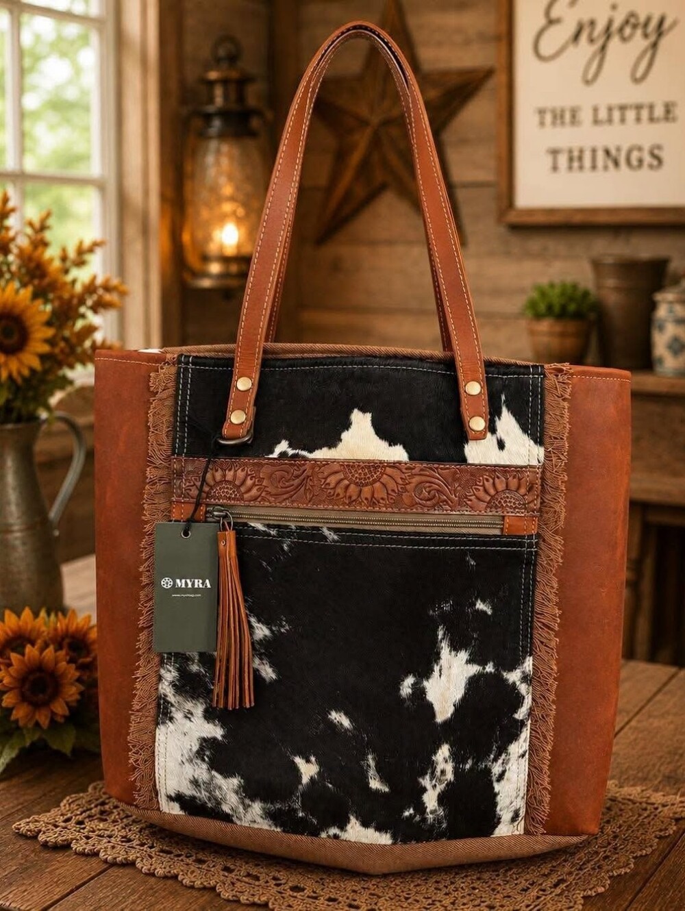 Myra Sunflower And Hide Tote Purse🌻